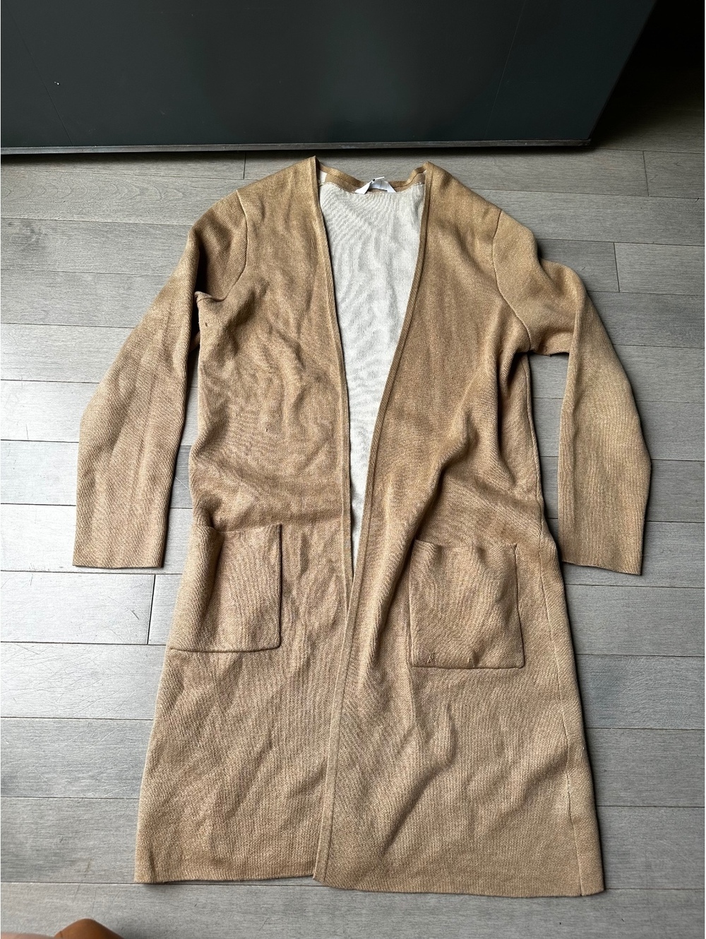 Time and Tru Women's Long Tan Knit Open Sweater Cardigan Office Size Small